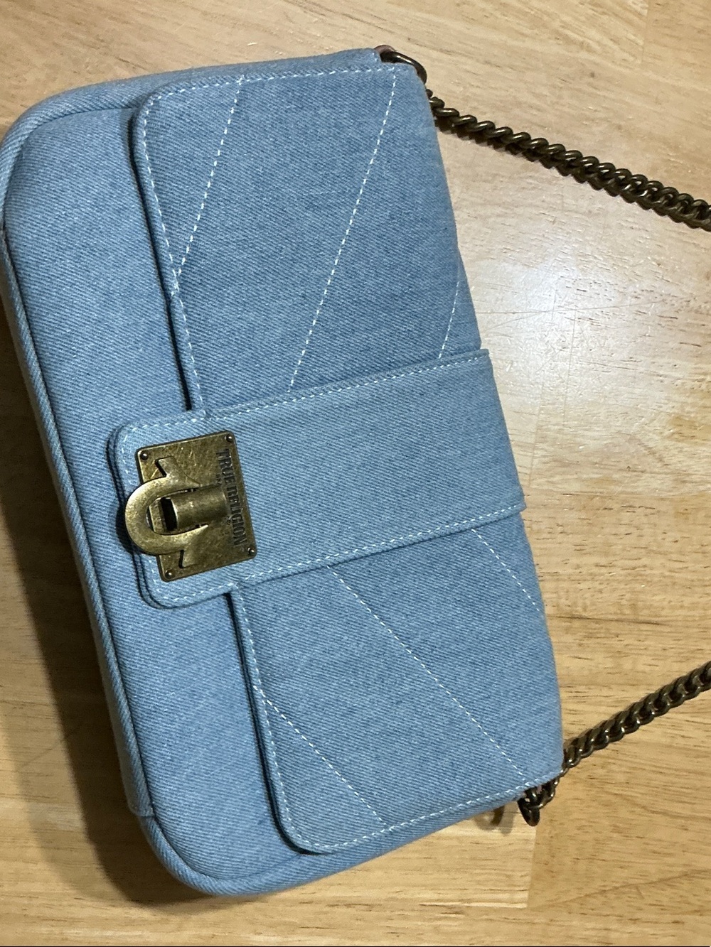 True Religion Light Blue Denim Crossbody with Chain Strap and Turn-Lock
